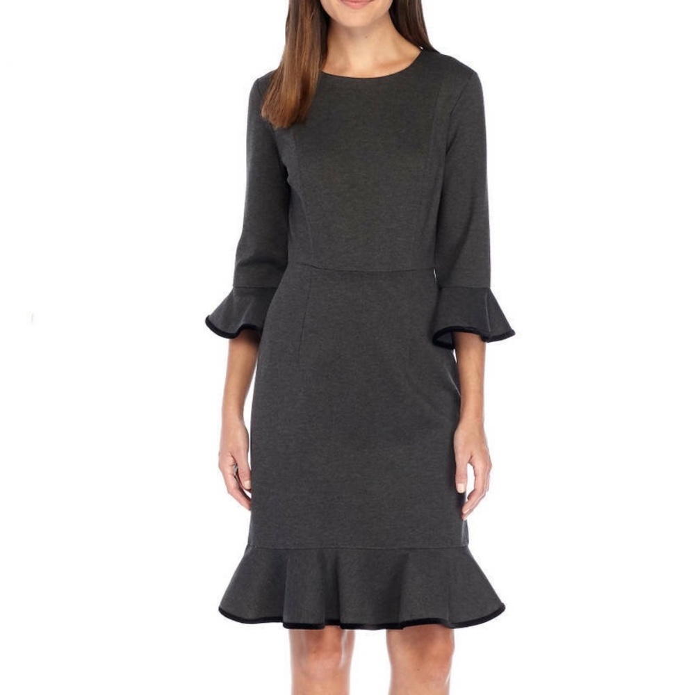 Nanette Lepore Grey Bell Sleeve Velvet Trim Flounce Ponte Knit Sheath Dress Sz14